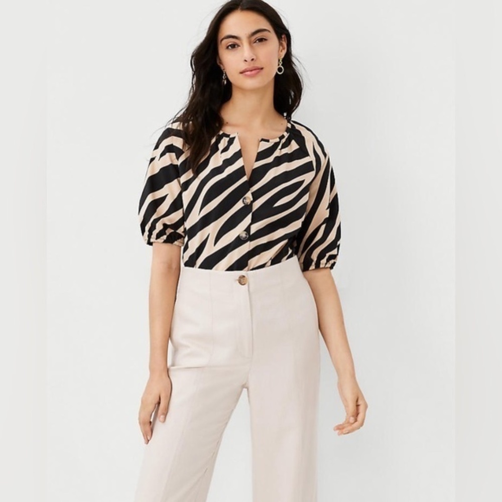Ann Taylor Black & Tan Zebra Stripe Raglan Blouse Button Down Puff Sleeve